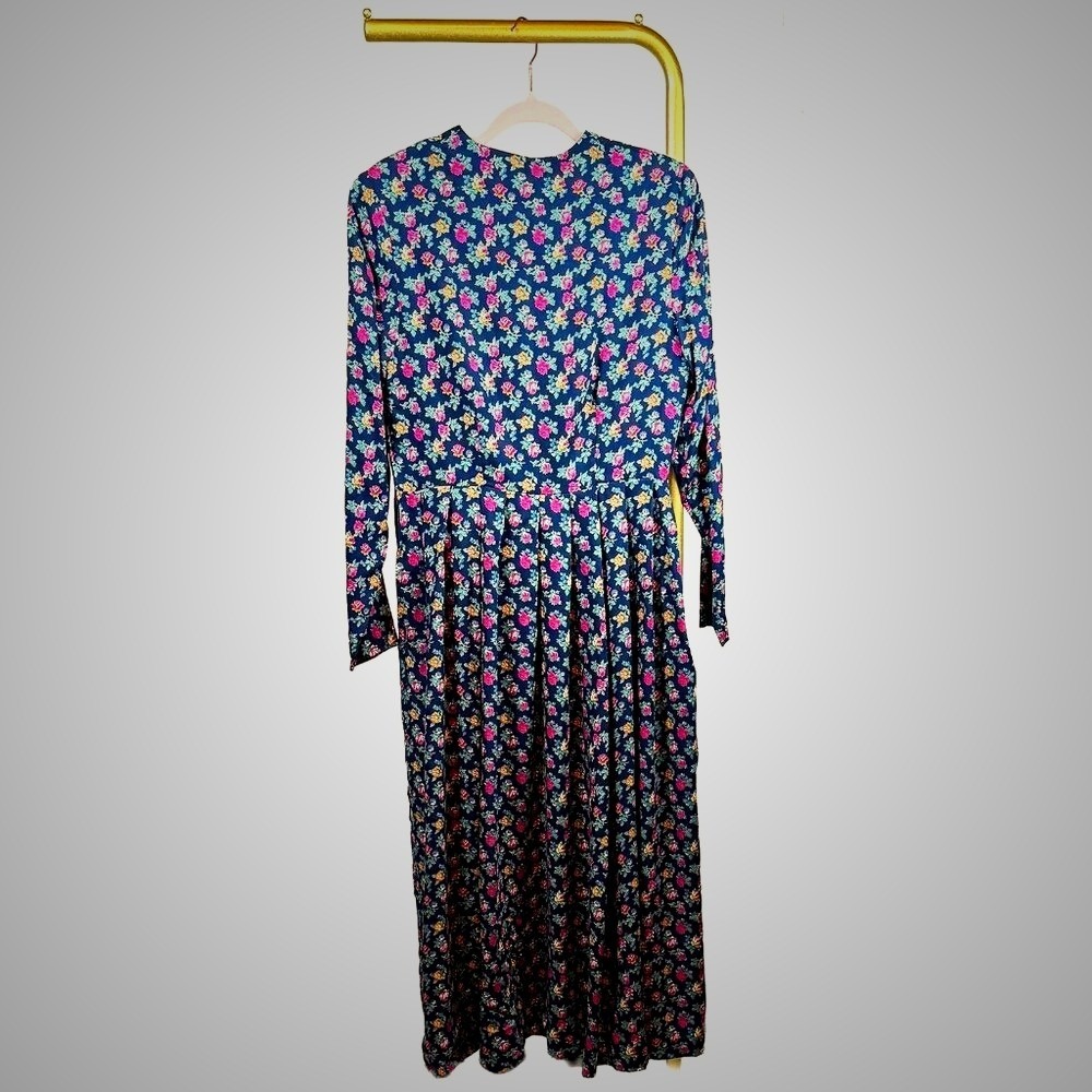 Laura Ashley Vintage Navy Floral Long Sleeve Midi Dress Sz 12 - Picture 2 of 2